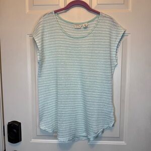 Christian Siriano Aqua and White Striped Linen Short Sleeve Shirt Top Size L
